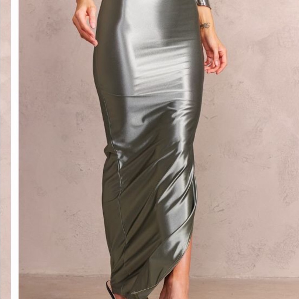 PrettyLittleThing Shimmering Charcoal Green Pencil Skirt